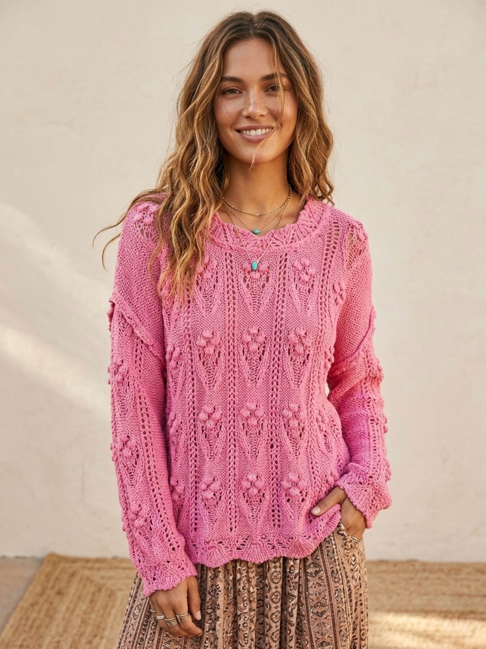π©·πΈPOL "Floral Design, Scalloped Edge, Open Knit Sweater" in "Petal Pinkβπ©·πΈ Large